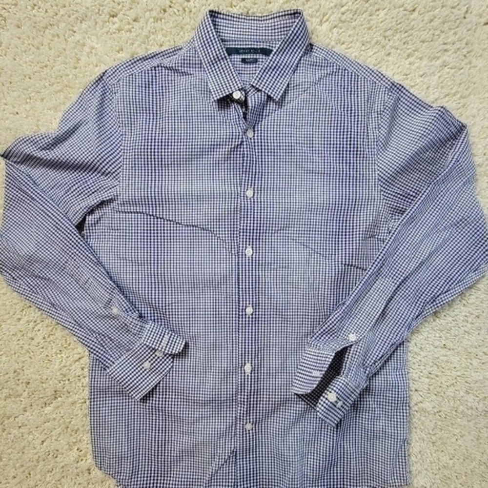 Perry Ellis Mens Slim Fit Blue Gingham Check‎ Cotton Button Down Shirt Size M